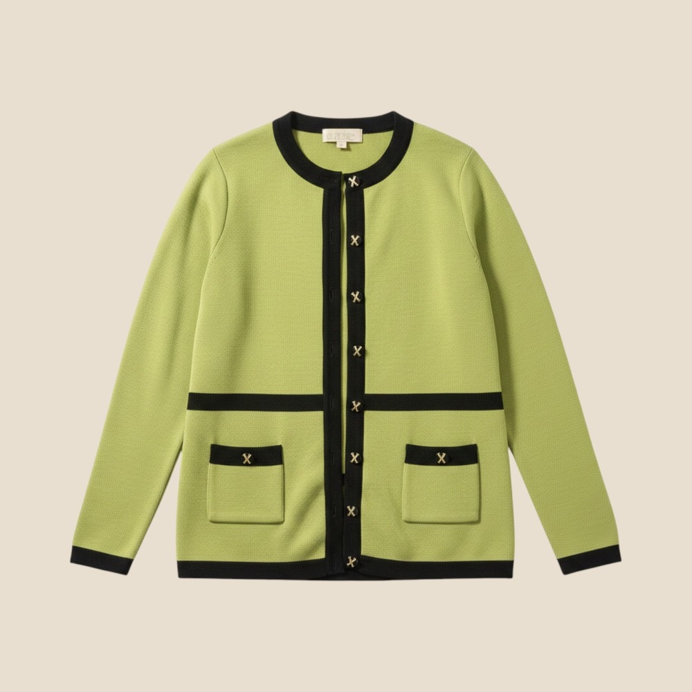 Vintage Cache Lime Green Black Trim Cardigan Sweater Set Gold Buttons Size M